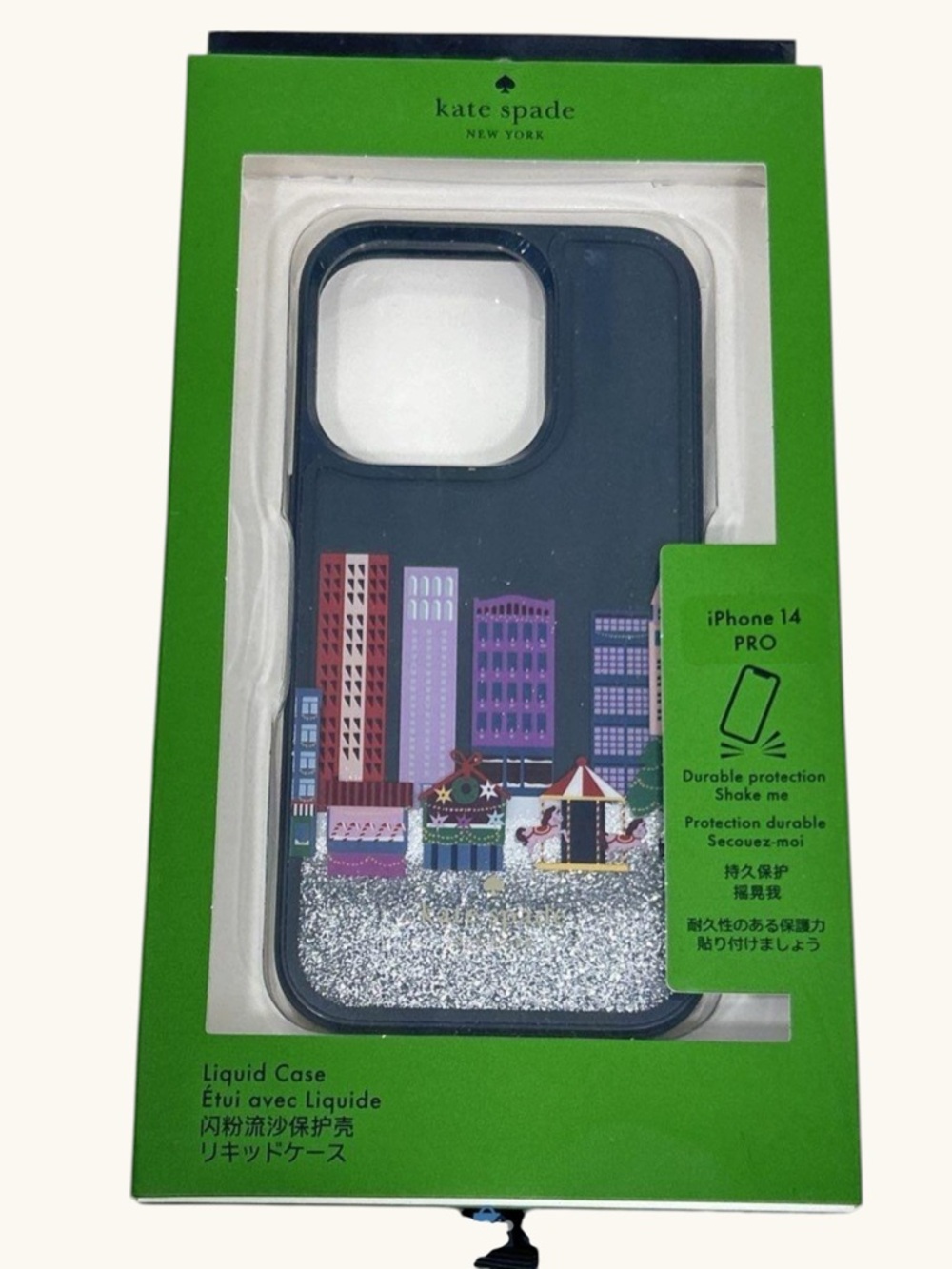 kate spade navy glitter liquid iPhone 14 Pro case with city carnival scene